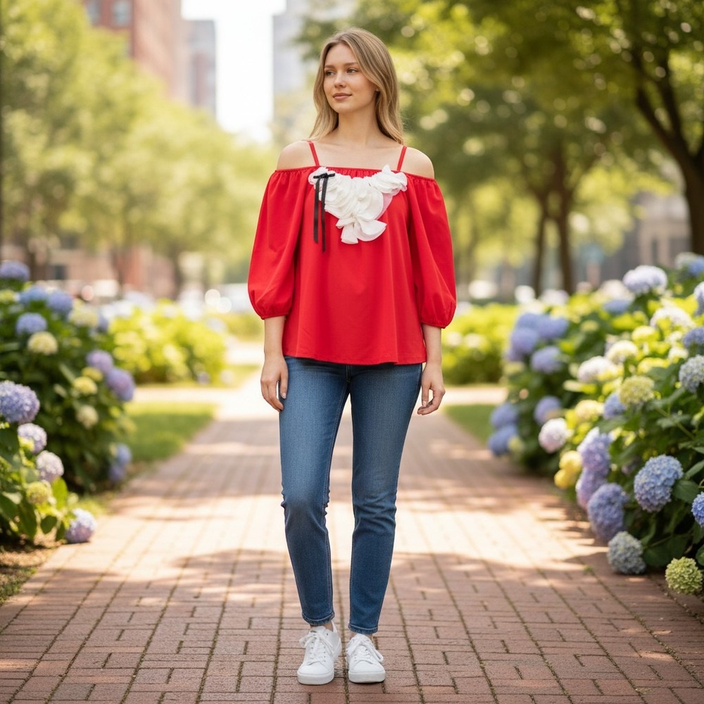 VaVa by Joy Han Womens Red Cold Shoulder Puff Sleeve Ruffle Bib Blouse Top Large